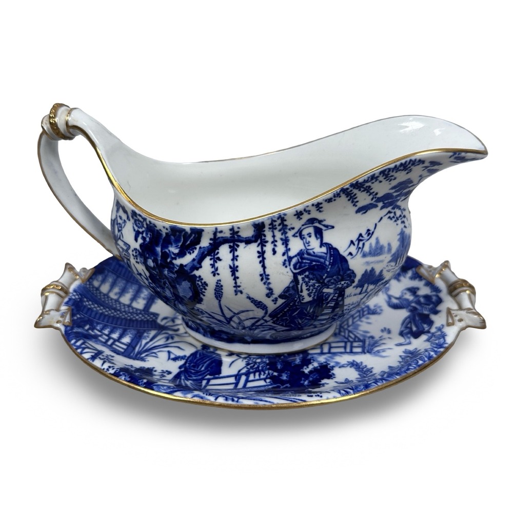 Vintage Royal Crown Derby Blue Mikado Gravy Boat w/ Underplate Gold Trim England